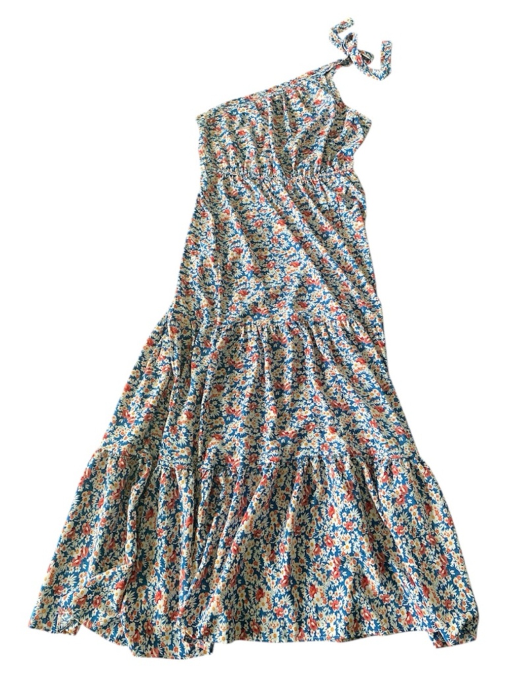 PrettyGarden Blue Boho Floral Tiered One Shoulder Maxi Dress Sz M Coastal Beach - Picture 8 of 12